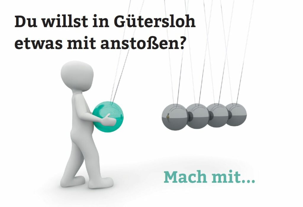 Eine 3D-Figur schiebt eine türkisfarbene Kugel in Richtung einer Newton-Wiege. Der Text lautet: „Du willst in Gütersloh etwas mit anstoßen? Mach mit...“