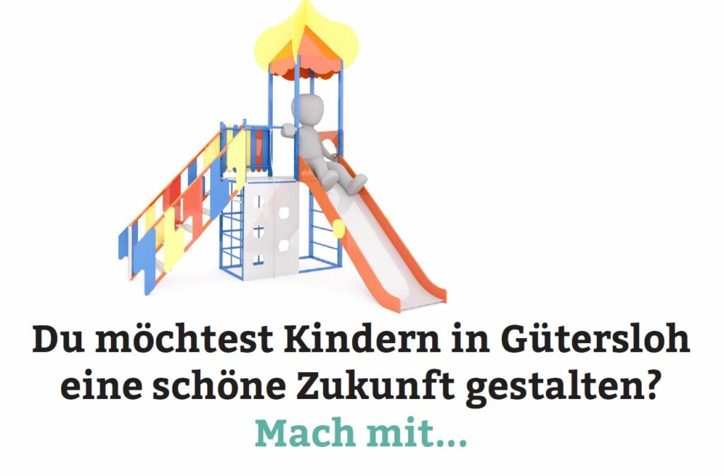 Illustration einer Spielplatzrutsche mit Text auf Deutsch: „Du möchtest Kindern in Gütersloh eine schöne Zukunft gestalten? Mach mit...“