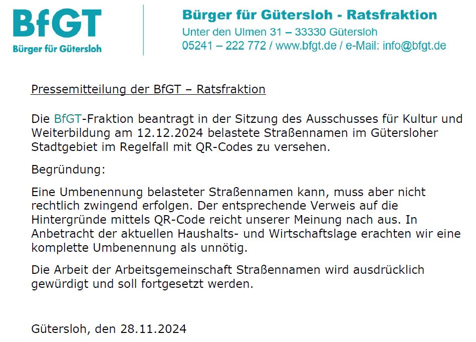 Pressemitteilung der BfGT vom 28.11.2024 zur Umbenennung Gütersloher Straßen mit umstrittenen Namen und Vorschlag zur Verwendung von QR-Codes zur historischen Einordnung.