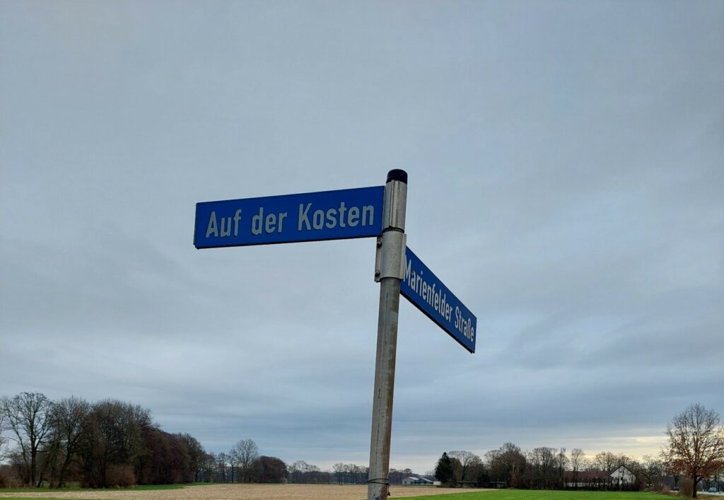 Ländliche Kreuzung mit zwei blauen Straßenschildern mit der Aufschrift „Auf der Kosten“ und „Krähenheider Straße“ vor einem bewölkten Himmel. Im Hintergrund sind Bäume und Felder zu sehen.