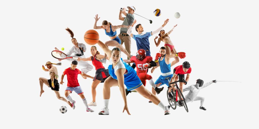 Eine Collage von Sportlern, die vor einem weißen Hintergrund verschiedene Sportarten ausüben, darunter Basketball, Tennis, Radfahren, Fußball, Fechten und mehr.