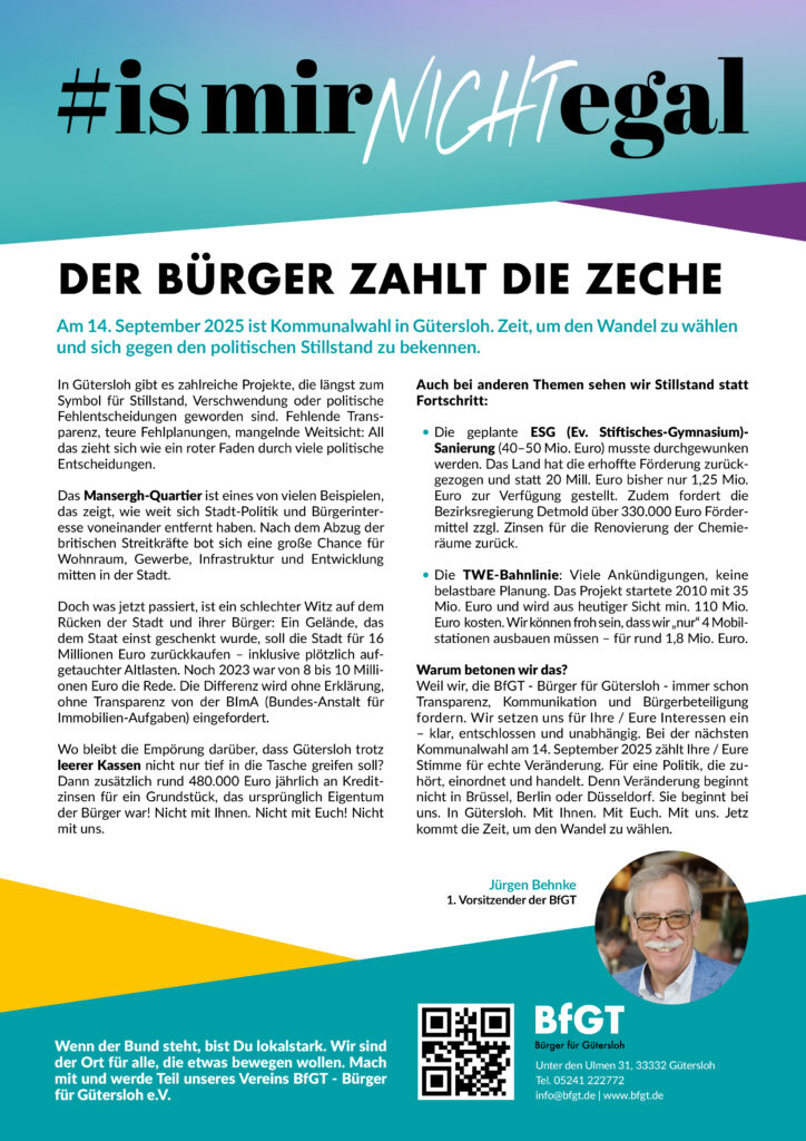 Ein deutsches Wahlflugblatt, das die Notwendigkeit eines politischen Wandels in Gütersloh diskutiert, mit Text, bunten Gestaltungselementen und einem kleinen Porträt eines Mannes in der rechten unteren Ecke.