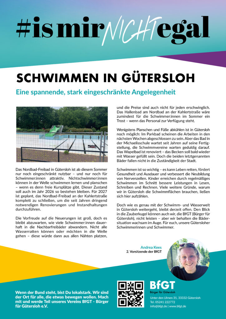 Informationsflyer zum Schwimmen in Gütersloh mit Text, einem Schwimmbadfoto und einem Porträt von Andrea Rees, 2. Vorsitzende des BFGT e.V. Kontakt und QR-Code inklusive.
