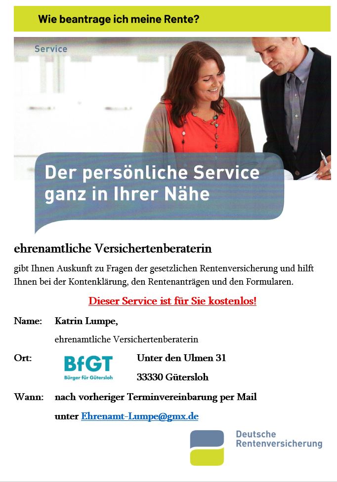 Plakat in deutscher Sprache, das eine Frau zeigt, die einem Mann an einem Schreibtisch zur Seite steht, und für eine kostenlose lokale Rentenversicherungsberatung durch Katrin Lumpe wirbt, mit Angabe der Kontaktdaten.