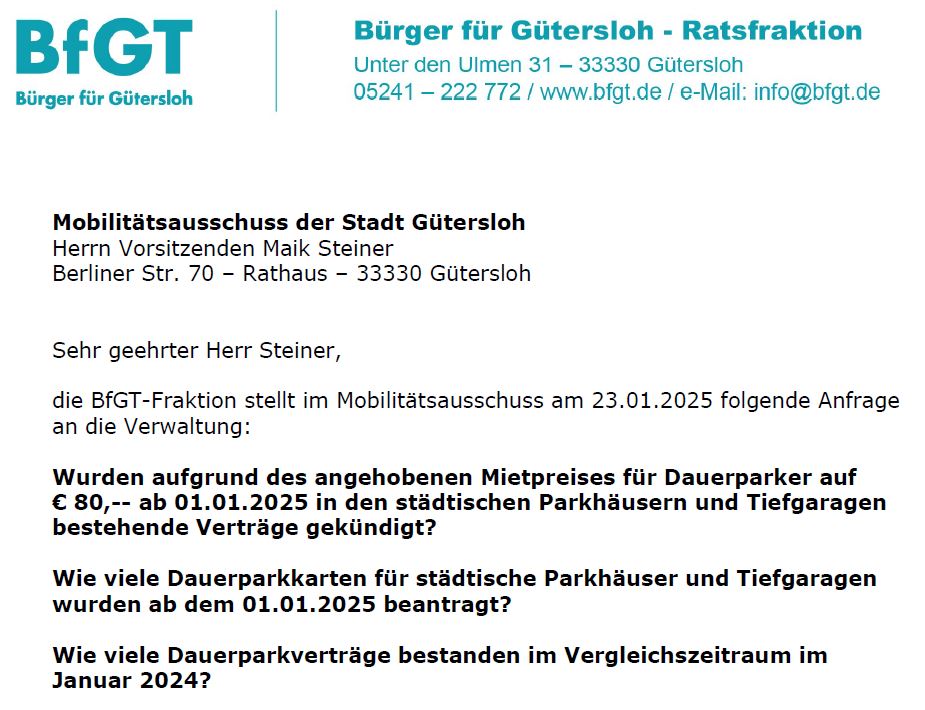 Screenshot eines Briefes der Bürger für Gütersloh an Maik Steiner, zu den Parkgebühren in Gütersloh, mit Fragen zu Preiserhöhungen und Gebührenvergleichen ab Januar 2024.