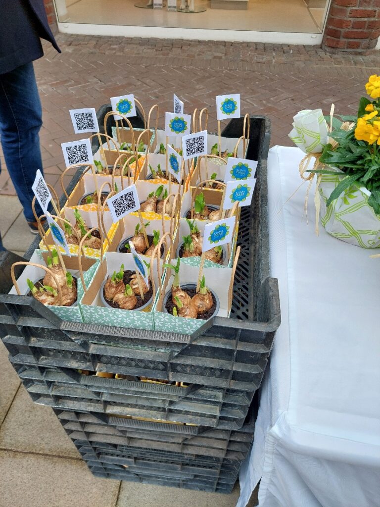 Mehrere Geschenktüten mit Glühbirnen und QR-Code-Tags sind in Kisten auf dem Bürgersteig neben einem Tisch mit gelben Blumen angeordnet.