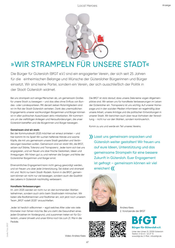 Auf einer Zeitschriftenseite ist ein Artikel über den Verein Bürger für Gütersloh (BfGT) zu sehen, mit Text und einem Foto einer lächelnden Person, die einen Fahrradreifen hält.