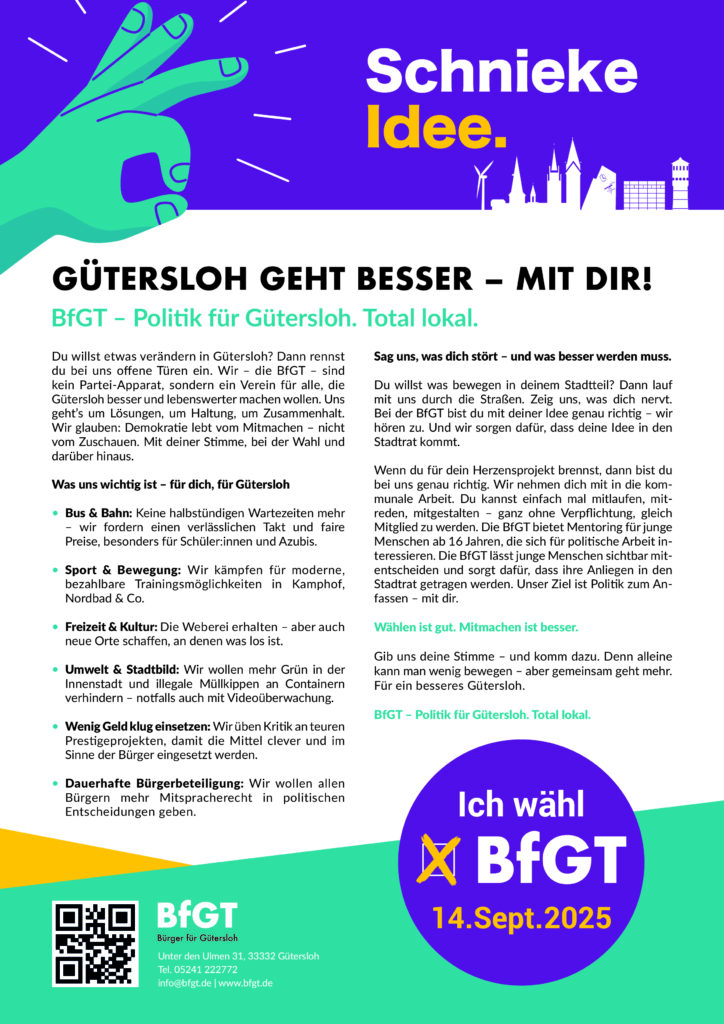 Flyer für BGFT mit Text über die Kommunalpolitik in Gütersloh, Deutschland, mit Abschnitten über Verkehr, Sport, Umwelt und einem Aufruf zur Teilnahme an der Wahl 2025.