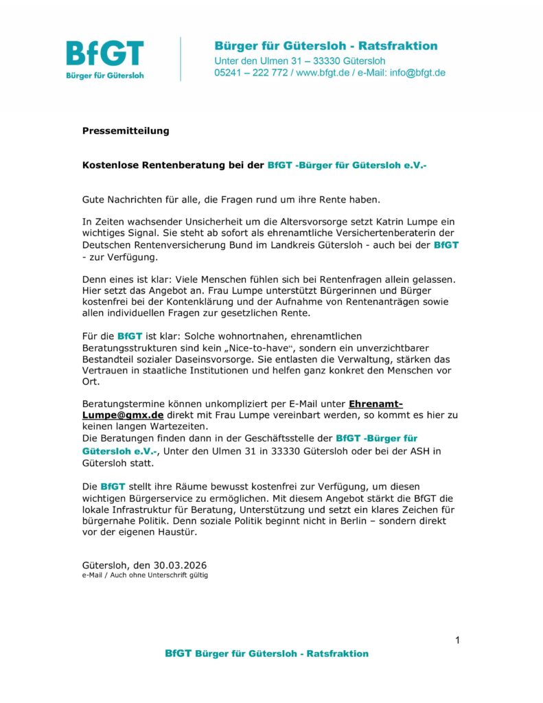 Eine deutsche Pressemitteilung von "Bürger für Gütersloh", die eine kostenlose Rentenberatung anbietet und die Kontakte und Dienstleistungen der Organisation für Fragen zur Altersvorsorge beschreibt.